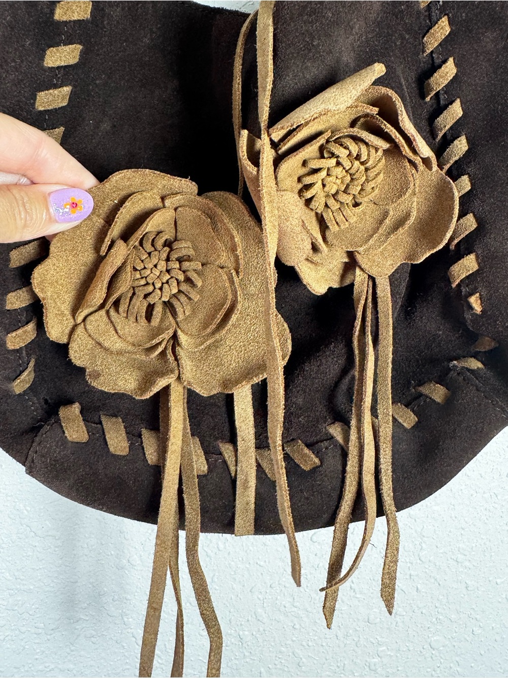 ⁠Y2K Express Brown Genuine Suede Leather Whipstitch Floral Flower Hobo Bag - Picture 4 of 11